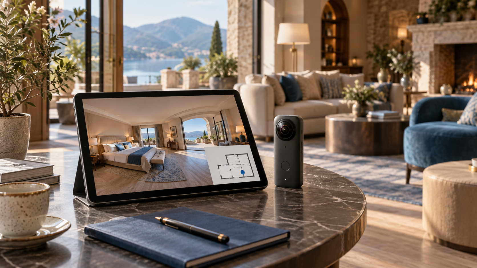 A tablet with a panoramic room and floor-plan illustration in a hotel lounge
